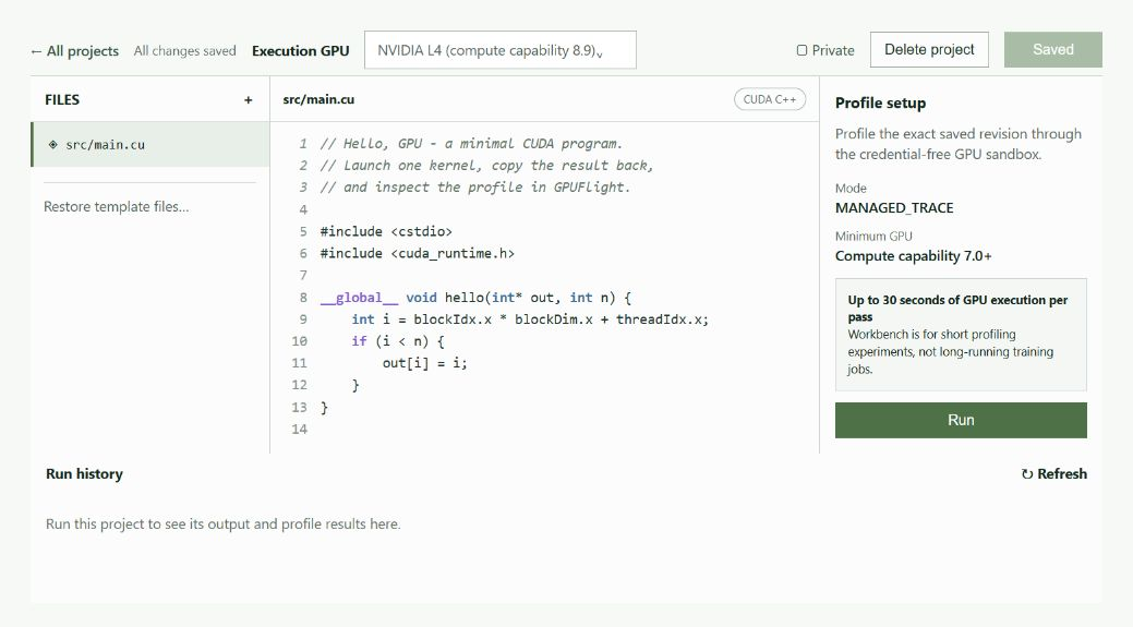 GPUFlight CUDA Workbench showing a multi-file CUDA project and source editor