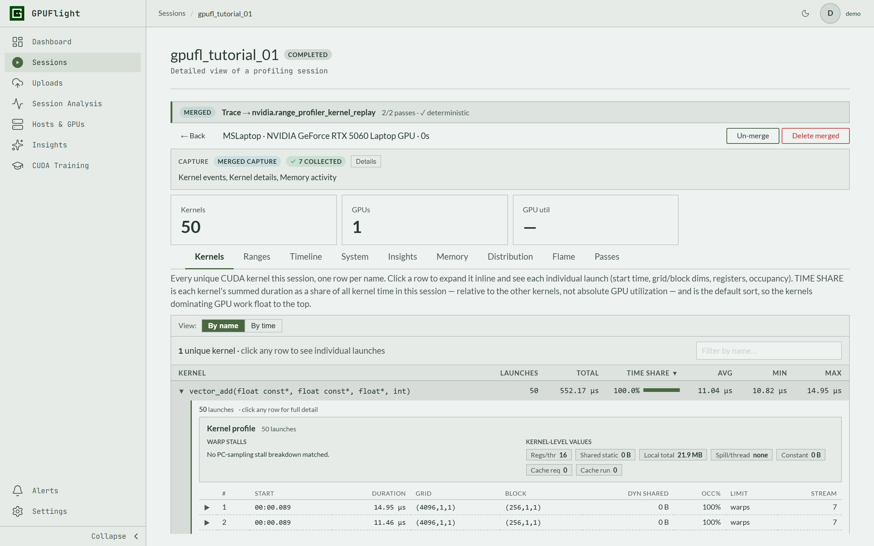 GPUFlight profiling session with merged passes, kernel metrics, and individual launch details